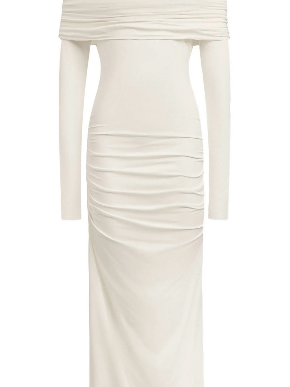 Off-Shoulder Ruched Ivory Maxi Dress - Picture 3 of 7